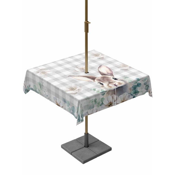 Easter Bunny Outdoor Tablecloth - 60x60 Inch Square Dining Table Cover, Eucalyptus Leaves Rabbit Flowers Grey Plaid Waterproof Outdoor Table Cloth with Umbrella Hole & Zipper for Picnic/Patio/Party