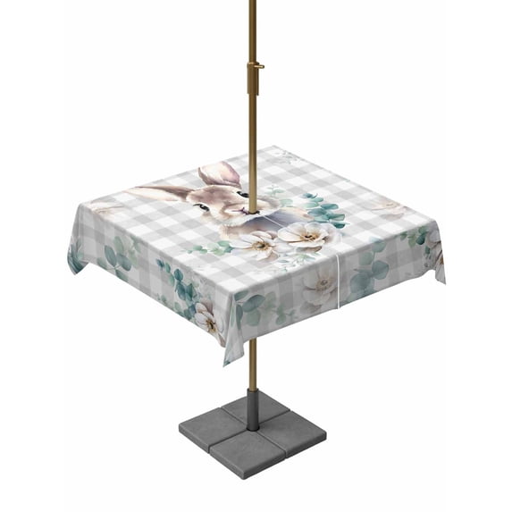 Easter Bunny Outdoor Tablecloth - 60x60 Inch Square Dining Table Cover, Green Eucalyptus Leaves Spring Flowers Grey Plaid Waterproof Outdoor Table Cloth with Umbrella Hole & Zipper for Picnic/Patio