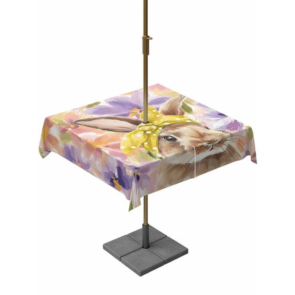 Easter Bunny Outdoor Tablecloth - 60x60 Inch Square Dining Table Cover, Spring Purple Flowers Scarf Rabbit Pastoral Waterproof Outdoor Table Cloth with Umbrella Hole & Zipper for Picnic/Patio/Party