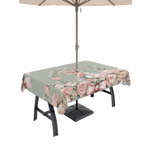 Easter Bunny Outdoor Tablecloth - 60x84 Inch Rectangle Dining Table Cover, Cute Rabbit Rose Floral Country Leaves Plants Green Waterproof Outdoor Table Cloth with Umbrella Hole & Zipper for Patio