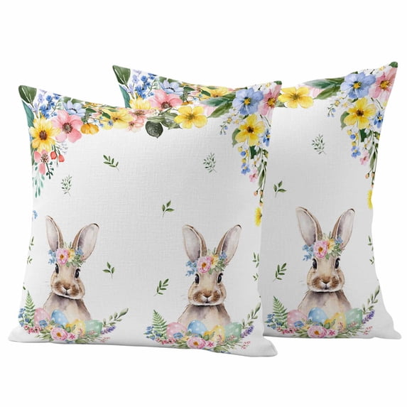 Easter Bunny Outdoor Waterproof Pillow Covers, Spring Watercolor Country Flower Leaf Plant Decorative Square Throw Pillowcase Sofa Cushion Sham for Patio/Couch/Chair, 18"x18" 2 Pack