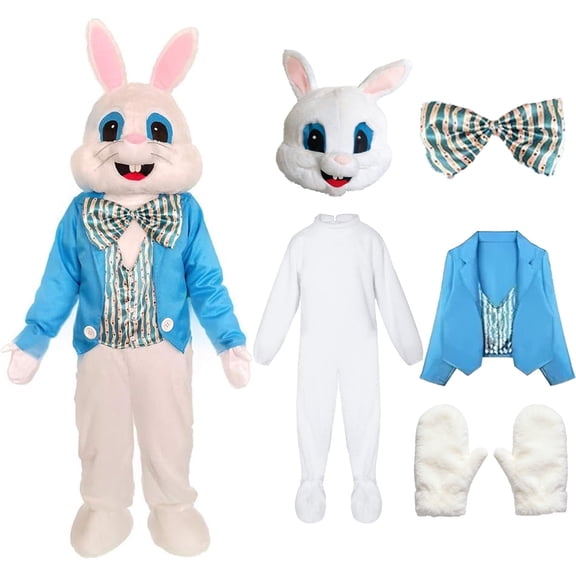 Easter Bunny Outfit Adult Plush Bunny Suit Funny Rabbit Mascot Outfits with Headpiece Jumpsuit Vest Gloves Bow Tie for Party Dress