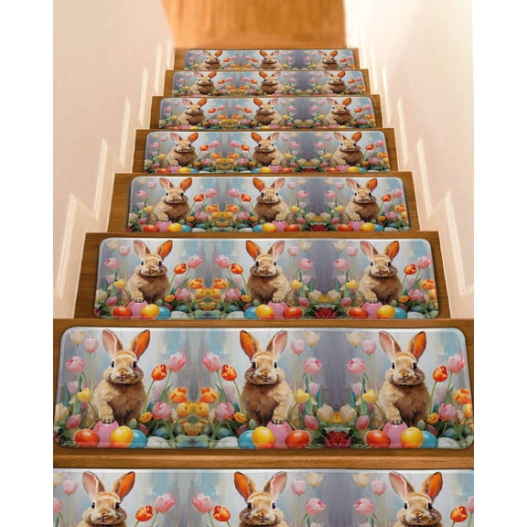 Easter Bunny Painted, Abstract Eggs Tulip Stair Treads for Wooden Steps Indoor Runner Rug Carpet, 7 Pieces Peel and Stick Staircase Step Treads Covers Washable Throw Door Mats, 30"x8"