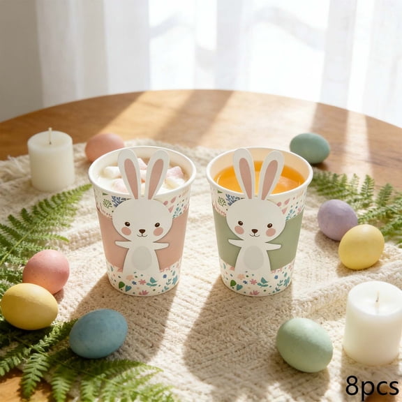 Easter Bunny Paper Cups Set, 8 Cups and 8 Sleeves, Disposable Holiday Party Tableware, Cute Coordinated Spring Celebration Supplies for Party and Picnic, 2.95x3.34 Inches