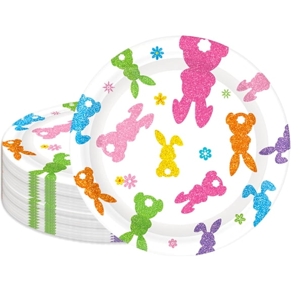 Easter Bunny Paper Plates Disposable Plates Sparkly Colorful Rabbit Dessert Plates Flower Party Tableware for Spring Birthday Baby Shower Table Supplies