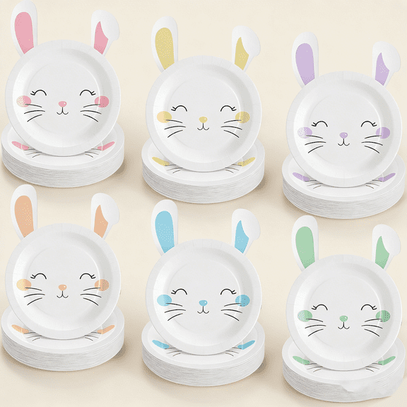 Easter Bunny Paper Plates Pastel Party Plates for Birthday Rabbit Disposable Decorations for Spring Cocktail Tea Party Supplies