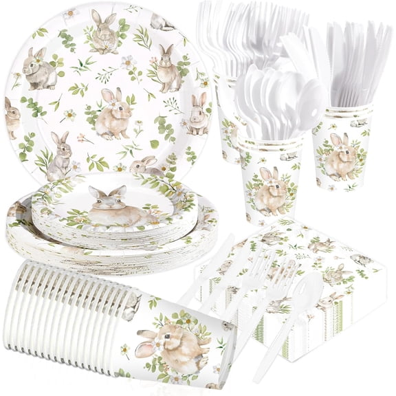 Easter Bunny Party Tableware Set, 168-Piece Flower Rabbit Plates, Napkins, Cups, and Forks for 24 Guests, Sage Green Spring Holiday Supplies for Boys and Girls