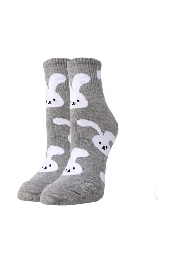 Easter Bunny Pattern Crew Socks for Women Men, Cute Cartoon Rabbit Cotton Blend Mid Calf Socks, Soft Breathable Comfortable Couple Casual Socks for Spring Daily Wear Holiday Gift Gray