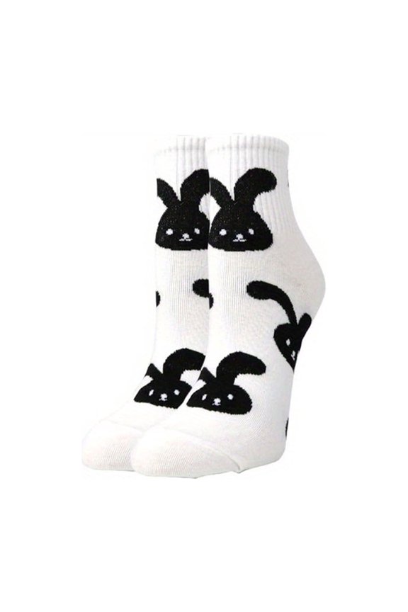 Easter Bunny Pattern Crew Socks for Women Men, Cute Cartoon Rabbit Cotton Blend Mid Calf Socks, Soft Breathable Comfortable Couple Casual Socks for Spring Daily Wear Holiday Gift White