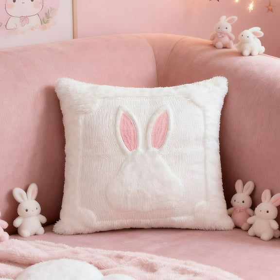 Easter Bunny Pattern Pillow, 18*18in Soft Fabric Cushion with Hidden Zipper, Outdoor Easter Decorations, Decorative Easter Pillow with Insert for Home Sofa & Bed, White