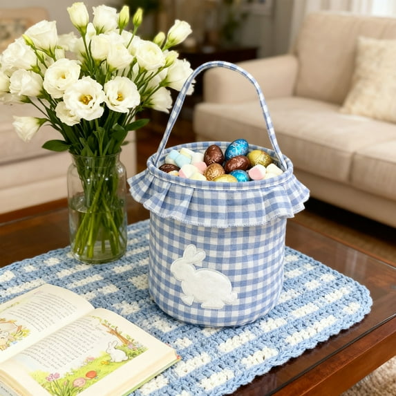 Easter Bunny Pattern Tassel Bag Easter Bunny Bag Rabbit Portable Bag Holiday Rabbit Bunny Printed Canvas Gift Carry Eggs Candy Bag for Holiday Festive Party Supplies(Blue)