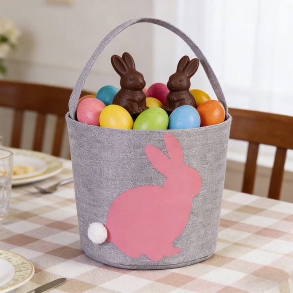 Easter Bunny Pattern Tote Basket, Canvas Gift Bag for Egg Hunts & Candy, Holiday Party Essential