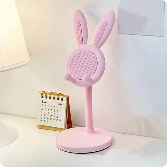 Easter Bunny Phone Stand Cute Pink Floral Design With Bunny Ears And Bow Adjustable Height 0-90 Durable Abs Material Smartphone Desktop Organizer Home Office Decor Clip Holder