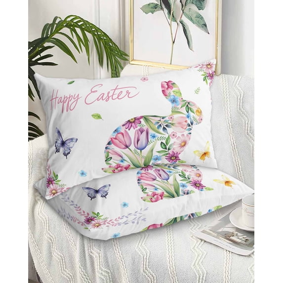 Easter Bunny Pillow Cases Standard Size Set of 2 - Microfiber Bed Throw Pillow Covers, Spring Flower Daisy Tulips Pastoral Butterfly Decorative Lumbar Pillow Cover with Envelope Closure 20"x26"