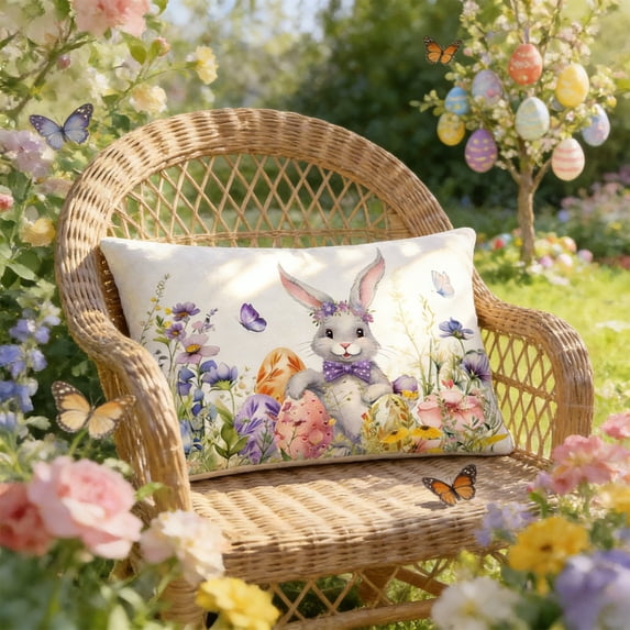 Easter Bunny Pillow Cover 18x18 Inch – Beige Polyester Cushion Cover with Embroidered Rabbits for Sofa, Bed, Table, Living Room & Holiday Decoration
