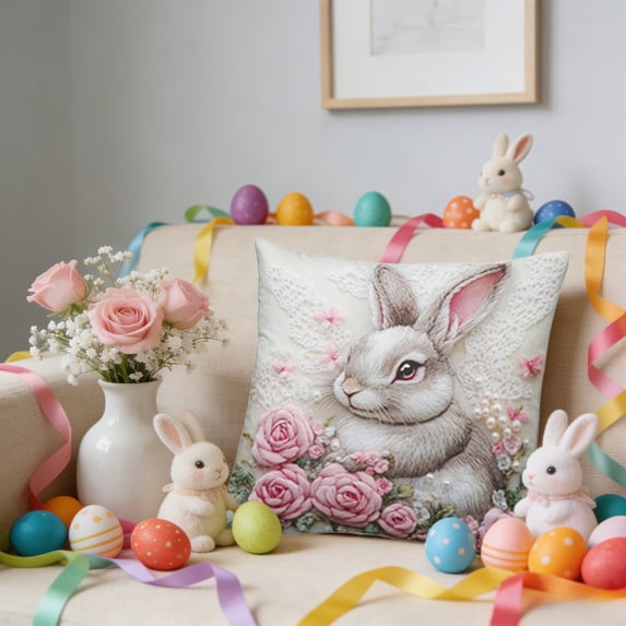 Easter Bunny Pillow Cover 18x18in Faux Embroidery Print – Soft Polyester Decorative Throw Cushion Cover for Sofa, Chair, Home Spring Holiday Decor