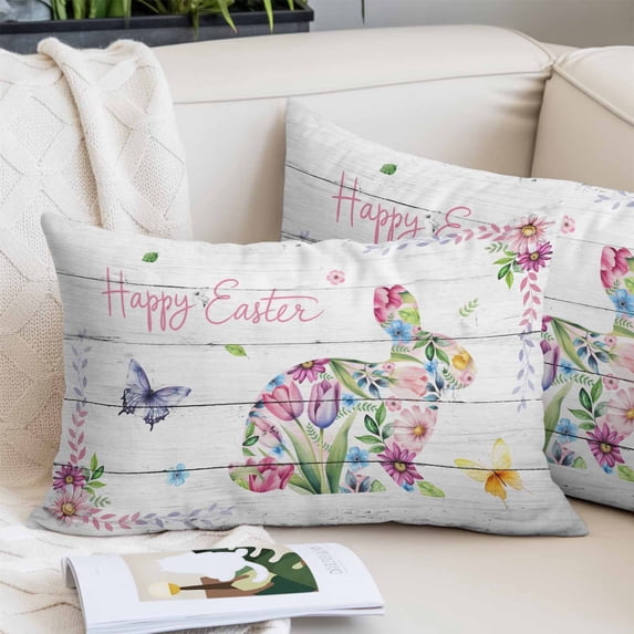 Easter Bunny Pillow Covers 16"x24", Spring Flower Daisy Tulips Farmhouse Wood Plank Soft Brushed Microfiber Breathable Throw Pillow Covers, Pillowcase with Zipper for Couch Sofa Bedroom Living Room