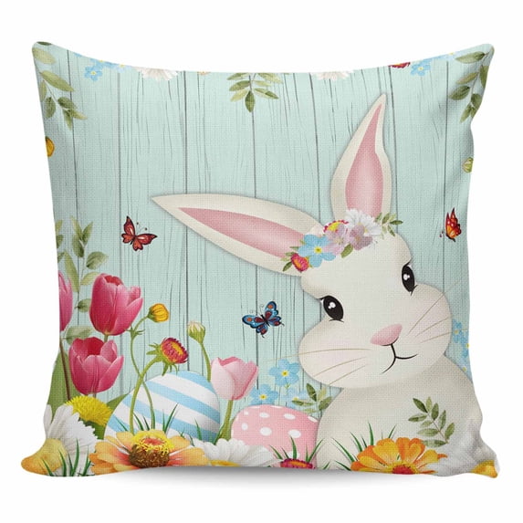 Easter Bunny Pillow Covers 16x16 Inch Decorative Throw Pillow Cover, Farmhouse Watercolor Eggs Tulip Wooden Grain Sofa Pillowcases Accent Cushion Case Home Decor Bedroom Living Room