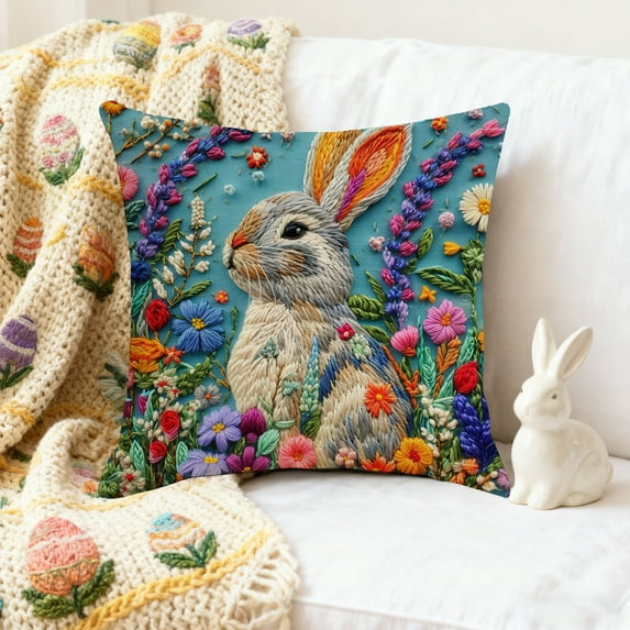 Easter Bunny Pillow Covers 18 x 18 Inch, Neutral Tufted Embroidery Decorative, Spring Festival Decoration Cushion Case for Sofa Living Room Couch Bed(A)