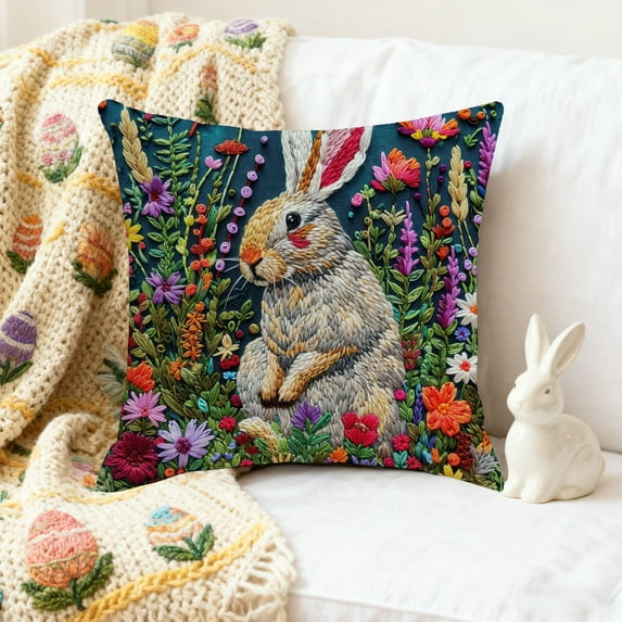 Easter Bunny Pillow Covers 18 x 18 Inch, Neutral Tufted Embroidery Decorative, Spring Festival Decoration Cushion Case for Sofa Living Room Couch Bed(B)