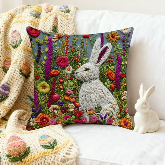 Easter Bunny Pillow Covers 18 x 18 Inch, Neutral Tufted Embroidery Decorative, Spring Festival Decoration Cushion Case for Sofa Living Room Couch Bed(C)