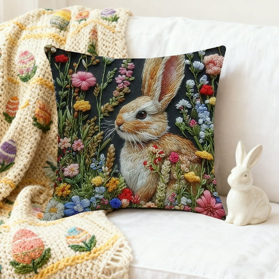 Easter Bunny Pillow Covers 18 x 18 Inch, Neutral Tufted Embroidery Decorative, Spring Festival Decoration Cushion Case for Sofa Living Room Couch Bed(D)