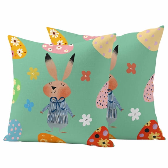 Easter Bunny Pillow Covers 2 Pack Hand Painted Cute Rabbit Colorful Easter Eggs Floral Green Pillowcase Waterproof Outdoor Throw Pillow Cover for Patio Garden Square Cushion 18”x18”
