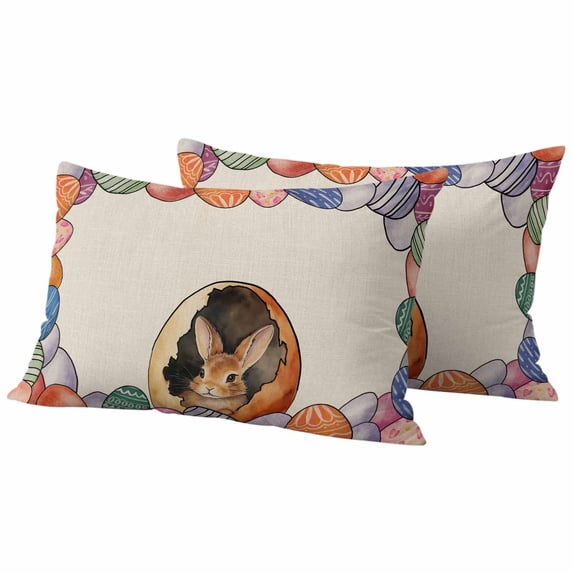 Easter Bunny Pillow Covers 2 Pack Rabbit Colorful Eggs Retro Linen Pillowcase Waterproof Outdoor Throw Pillow Cover for Patio Balcony Rectangular Cushion 20”x12”