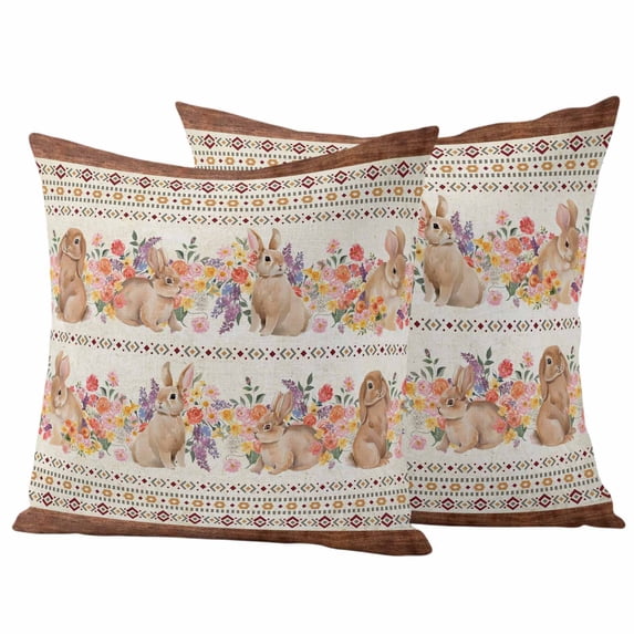Easter Bunny Pillow Covers 2 Pack Vintage Southwest Spring Colorful Floral Leaves Linen Texture Pillowcase Waterproof Outdoor Throw Pillow Cover for Patio Garden Square Cushion 16”x16”