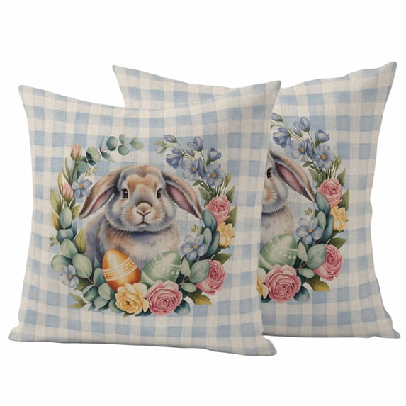 Easter Bunny Pillow Covers 2 Pack Vintage Watercolor Colorful Flower Floral Leaf Eggs Blue Plaid Pillowcase Waterproof Outdoor Throw Pillow Cover for Patio Garden Square Cushion 16”x16”