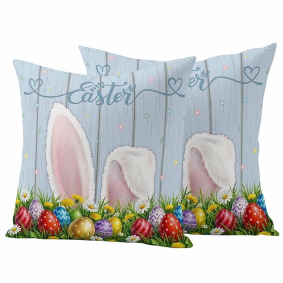 Easter Bunny Pillow Covers 2 Pack Watercolor Rabbit Colored Eggs Spring Leaf Wood Grain Pillowcase Waterproof Outdoor Throw Pillow Cover for Patio Garden Square Cushion 20”x20”