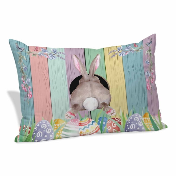 Easter Bunny Pillow Covers, Linen Long Throw Pillow Case, Eggs Cute Rabbit Colorful Wooden Grain Rustic Holiday Pillow Protector Decorative Cushion Cover for Living Room/Bedroom 16" x 24"
