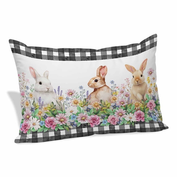 Easter Bunny Pillow Covers, Linen Long Throw Pillow Case, Spring Daisy Flowers Rabbits Buffalo Plaid Holiday Pillow Protector Decorative Cushion Cover for Living Room/Bedroom 20" x 36"