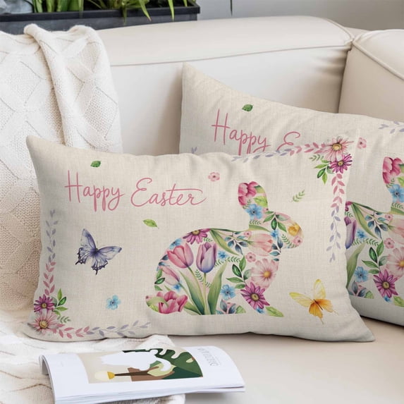 Easter Bunny Pillow Covers Queen, Spring Flower Daisy Tulips Vintage Leaves Soft Brushed Microfiber Breathable Throw Pillow Covers, Pillowcase with Zipper for Couch Sofa Bedroom Living Room 20"x30"