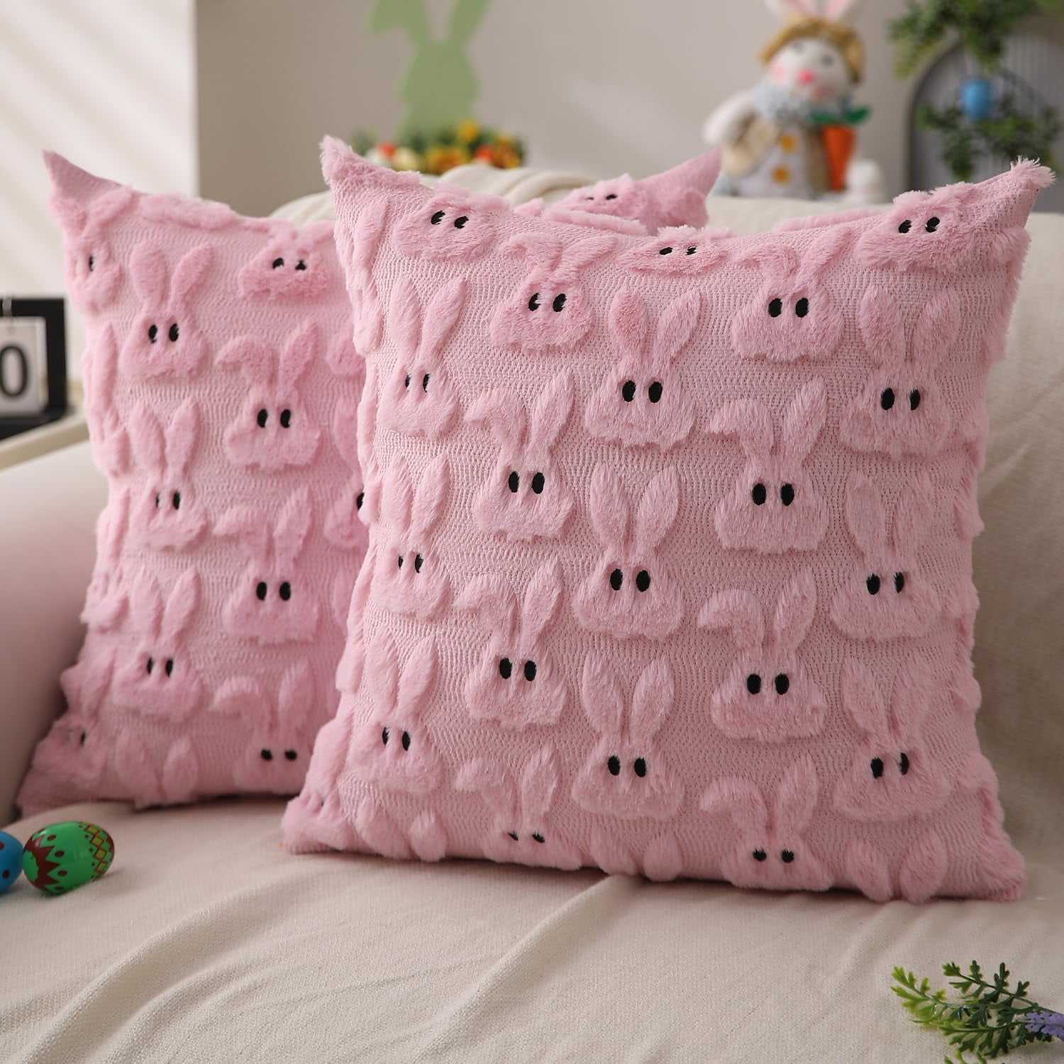 Easter Bunny Pillow Covers, Set of 2 - 18-inch, Pink-Eared White Rabbit ...
