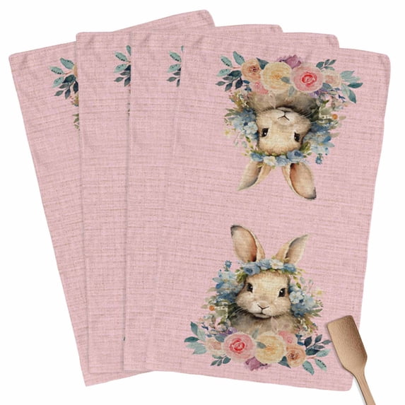 Easter Bunny Pink, Kitchen Towel Dish Cloths Set of 4, Microfiber Soft Kitchen Hand Towels, Vintage Spring Floral Botanical Leaves Absorbent Quick Drying Dishcloths 18 x 28 Inches