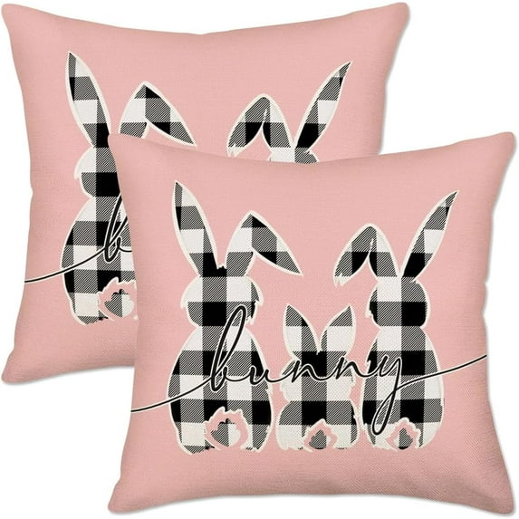 Easter Bunny Pink Pillow Covers 18x18 Inch Set of 2 Black and White Buffalo Plaid Rabbit Family Easter Decorations Throw Pillow Covers Spring Farmhouse Outdoor Home Decor Cushion Case for Sofa Couch