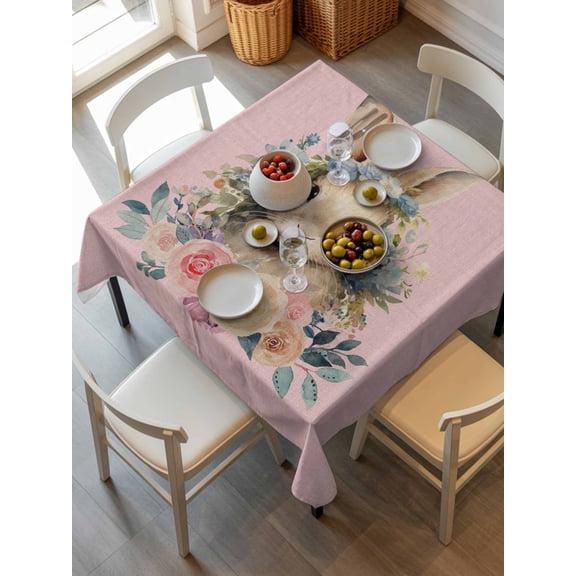 Easter Bunny Pink, Tablecloth Square Table Cloth 54x54, Waterproof Tablecloth Outdoor Table Cloth, Vintage Spring Floral Botanical Leaves Washable Table Cover for Kitchen Dinning Party
