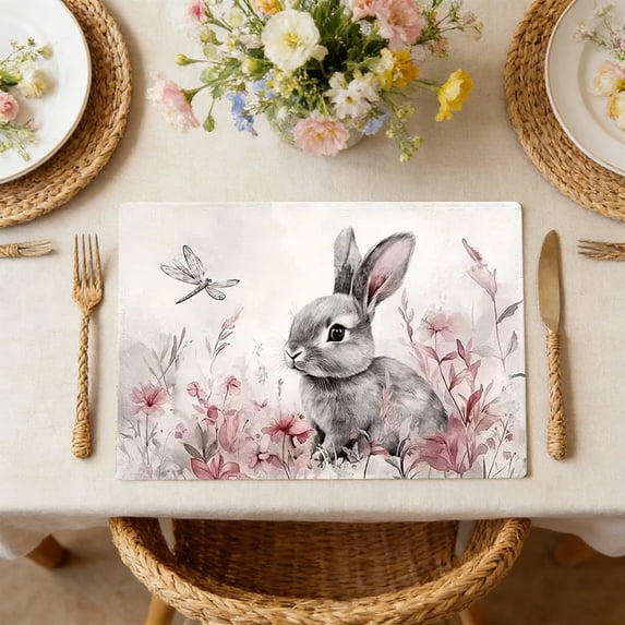Easter Bunny Placemat with "He Is Risen" - Vintage Lily Print Table Mat for Spring Holiday Decor