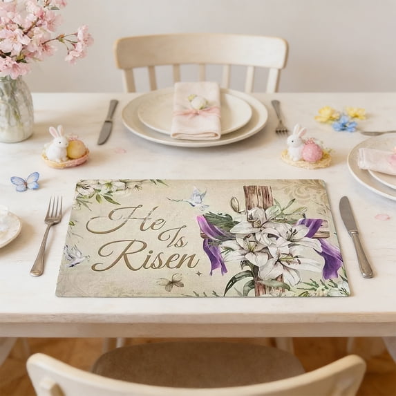 Easter Bunny Placemat with "He Is Risen" - Vintage Lily Print Table Mat for Spring Holiday Decor