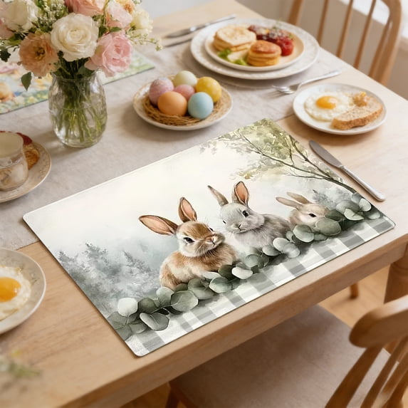 Easter Bunny Placemat with "He Is Risen" - Vintage Lily Print Table Mat for Spring Holiday Decor