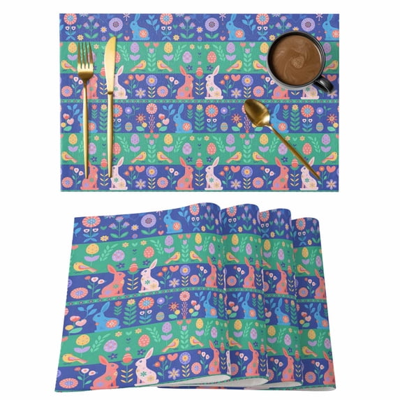 Easter Bunny Placemats Set of 1, Rabbits Easter Eggs Floral Non-Slip Place Mats Washable Table Mats for Kitchen Dining Table Decorations Indoor/Outdoor