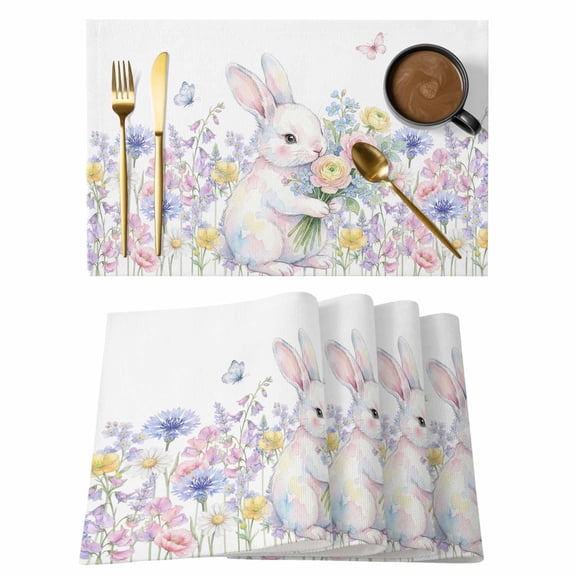 Easter Bunny Placemats Set of 1, Spring Cute Rabbit with Blue Pink Floral Butterfly Non-Slip Place Mats Washable Table Mats for Kitchen Dining Table Decorations Indoor/Outdoor