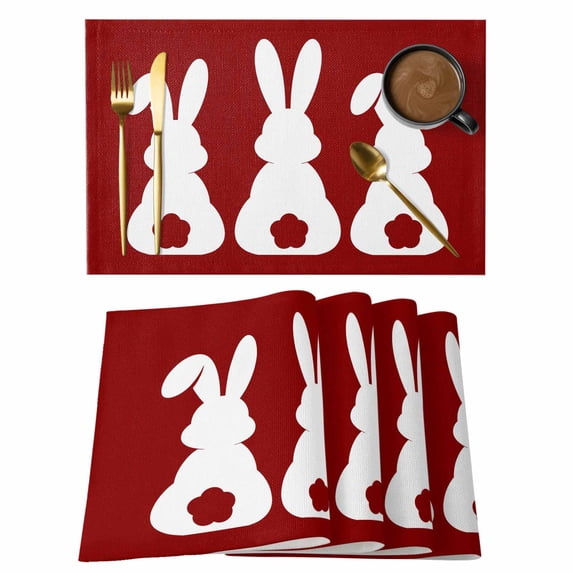 Easter Bunny Placemats Set of 12, Cute Rabbit Family Vintage Red Abstract Placemats for Dining Table, Place Mats for Kitchen Tabletop, Waterproof Wipeable Dining Table Mats Set