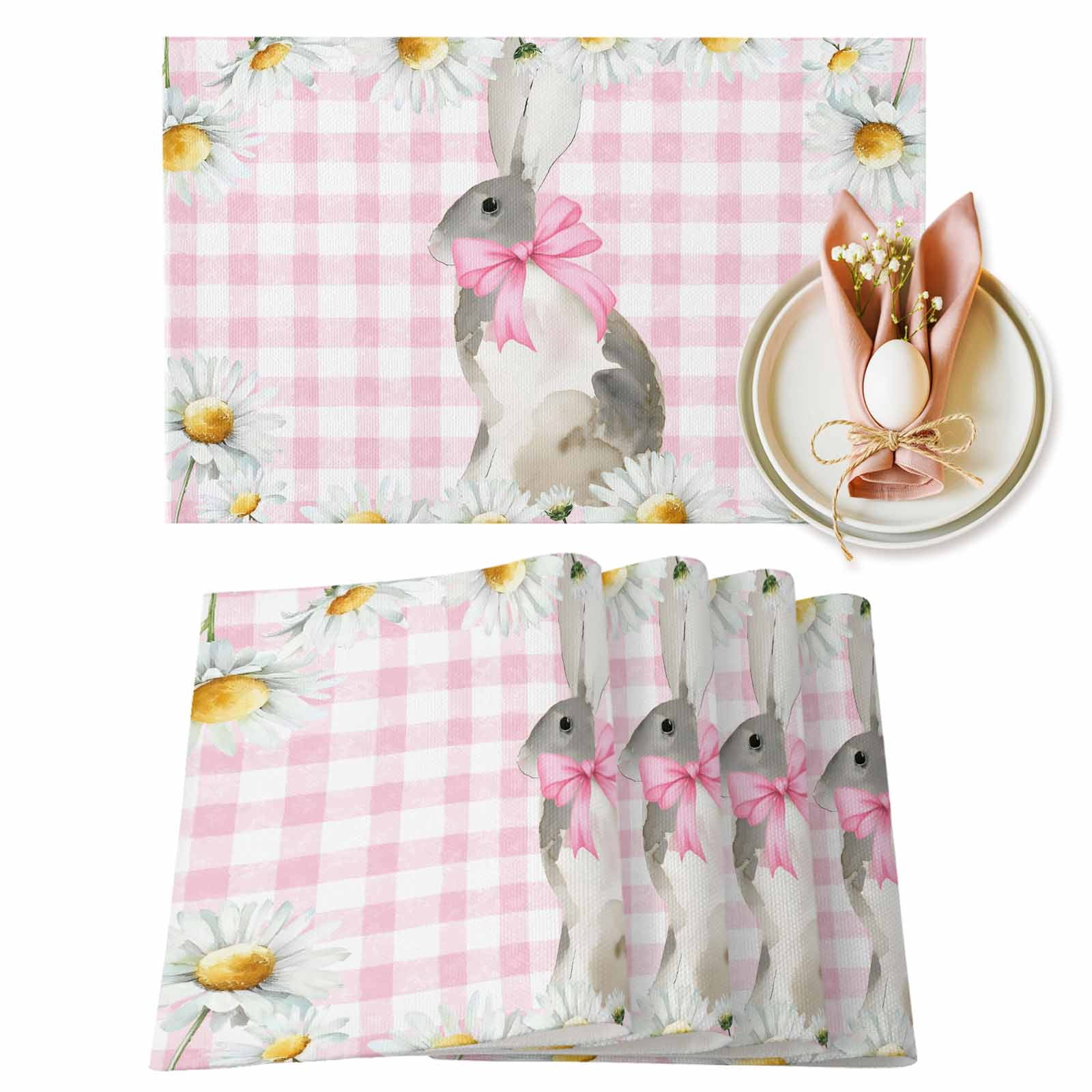 Pink Rabbit Mat Easter Bunny Placemats Set of 12, Spring Bow Rabbit White Daisy Floral ...