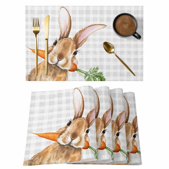 Easter Bunny Placemats Set of 12, Spring Rabbits Carrots Gray Buffalo Plaid Placemats for Dining Table, Place Mats for Kitchen Tabletop, Waterproof Wipeable Dining Table Mats Set