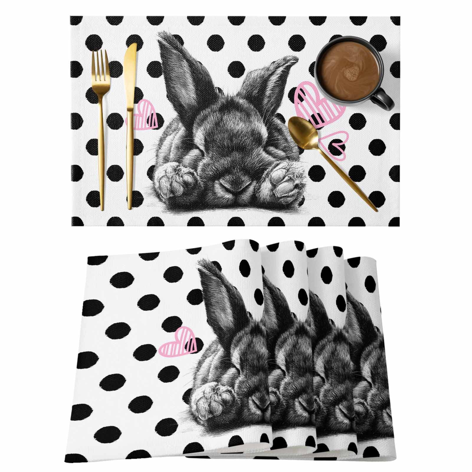 Pink Rabbit Mat Easter Bunny Placemats Set of 2, Cute Gray Rabbit Pink Heart Farm ...