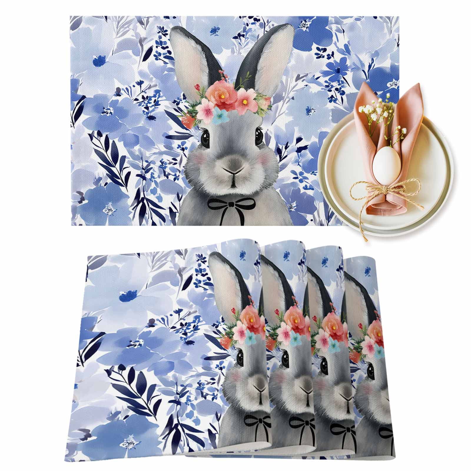 Pink Rabbit Mat Easter Bunny Placemats Set of 2, Watercolor Blue Purple Pink Red Floral ...