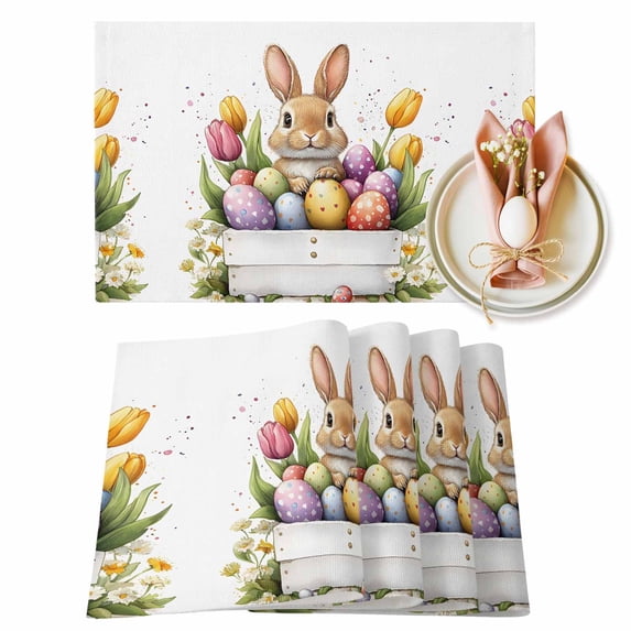Easter Bunny Placemats Set of 2, Watercolor Cartoon Rabbit Purple Red Egg Tulip Floral Leaf Heat Insulated Linen Place Mats, Washable Stain-Proof Table Mats for Dining Table Holiday Decor 13x19 Inch