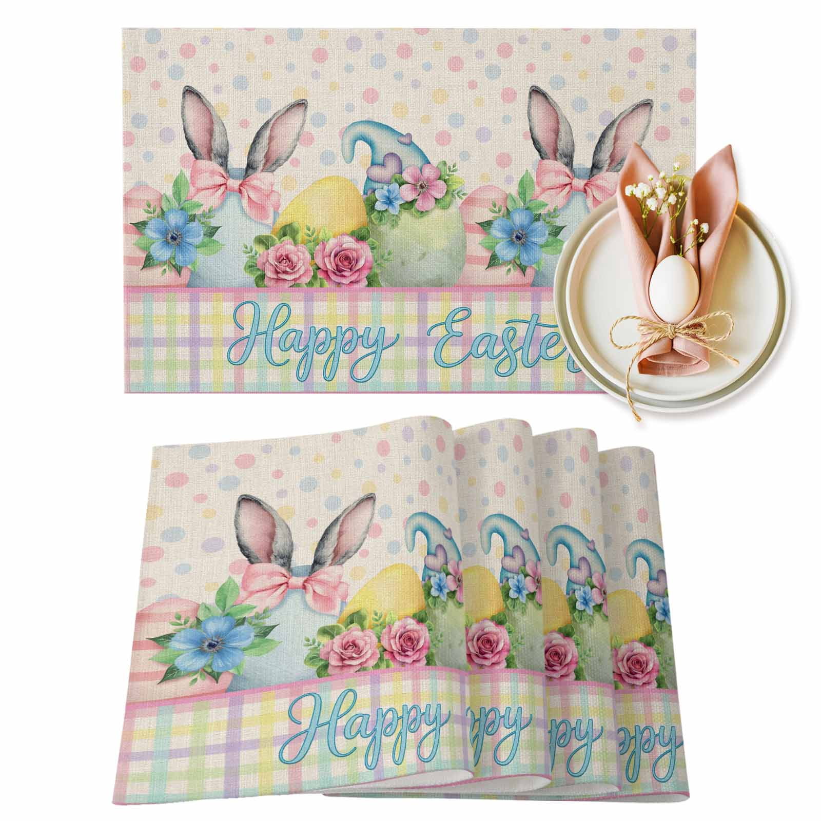 Pink Rabbit Mat Easter Bunny Placemats Set of 4, Colorful Egg Pink Flower Bow Rabbit ...